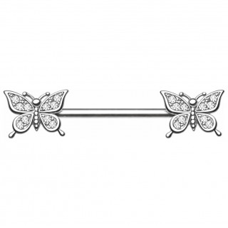 Piercing t�ton � papillons pav�s de zirconiums clairs