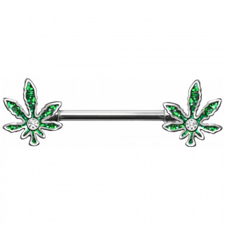 Piercing t�ton � feuilles de cannabis emaill�es vert serties
