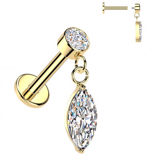 Piercing oreille acier dor� � disque serti et pendentif marquise zirconium