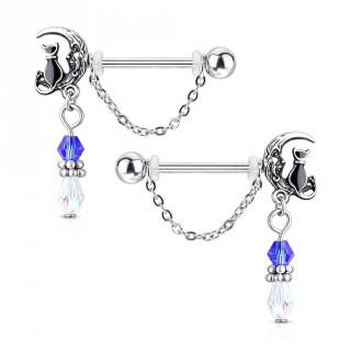 Paire de piercings t�ton � chat sur la lune et pendentif