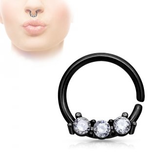 Petit piercing septum pliable noir � trio de strass