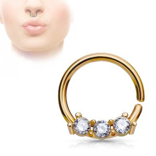 Petit piercing septum pliable plaqu� or rose � trio de strass