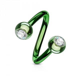 Piercing acier twist titanium IP � strass - Vert