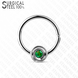 Piercing anneau acier opale verte au centre d'une spirale