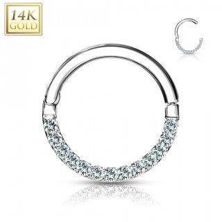 Piercing anneau � arc pav� de zirconiums en or blanc 14 carats