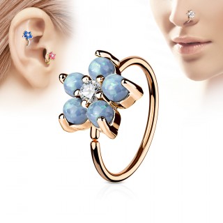 Piercing anneau nez / cartilage cuivr� � fleur d'opales aqua et strass