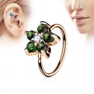 Piercing anneau nez / cartilage cuivr� � fleur d'opales vert fonc� et strass