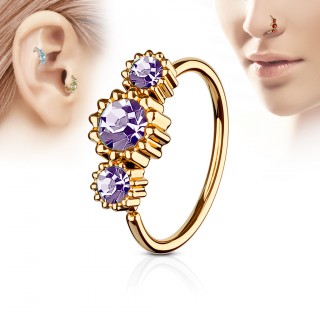 Piercing anneau nez / cartilage cuivr� � trio de soleils � strass - Violet tanzanite