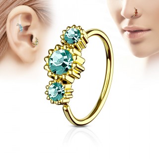 Piercing anneau nez / cartilage dor� � trio de soleils � strass - Vert emeraude