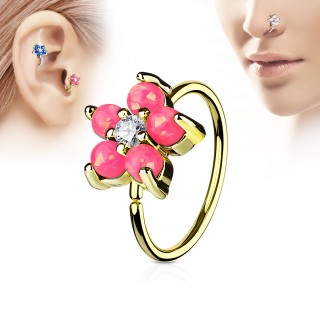 Piercing anneau nez / cartilage dor� � fleur d'opales roses et strass