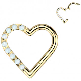 Piercing anneau Titane dor� coeur � charni�re et opales (lobe, daith/rook droit...)