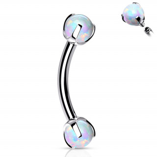 Piercing banane en acier � perles d'opale blanches (filetage interne)