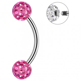 Piercing banane Titane � boules pav�es de zirconiums roses (arcade, rook, jestrum...)