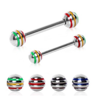 Piercing barbell acier � boules rainur�es color�es