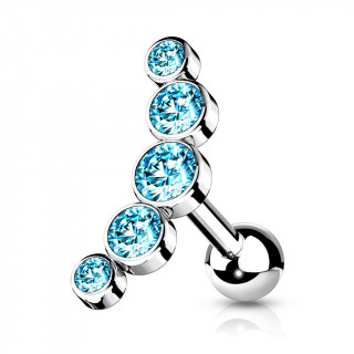 Piercing barbell cartilage � arc de 5 cristaux ronds - Bleu aqua