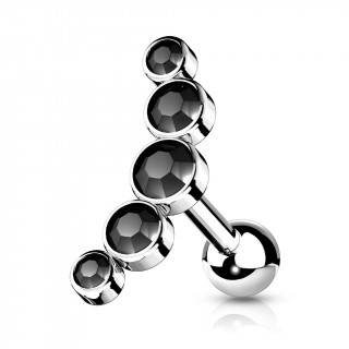 Piercing barbell cartilage � arc de 5 cristaux ronds - Noir