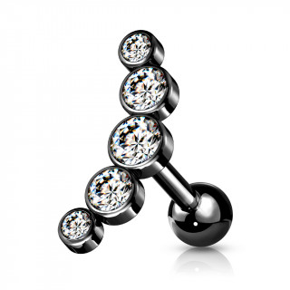 Piercing barbell cartilage noir � arc de 5 cristaux ronds