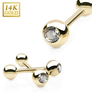 Piercing barbell (langue, tragus...) en or jaune 14 carats � boule zirconium