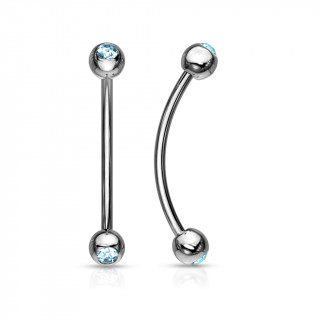 Piercing barbell long courb� � boules serties - Bleu aqua