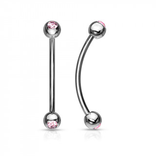 Piercing barbell long courb� � boules serties - Rose