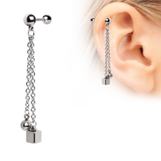 Piercing cartilage acier � boule et cube enchain�s