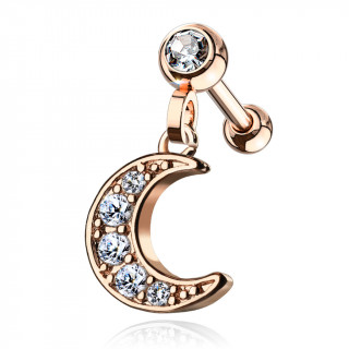 Piercing cartilage cuivr� � pendentif lune pav�e de strass