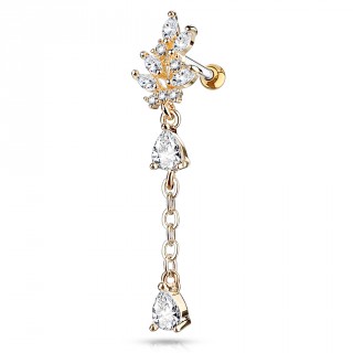 Piercing cartilage feuille pav�e de strass et pendentif - Cuivr� et gris