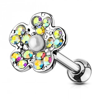 Piercing cartilage fleur � perle blanche et p�tales strass