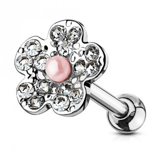 Piercing cartilage fleur � perle rose et p�tales strass
