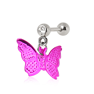 Piercing cartilage h�lix � pendentif papillon rose