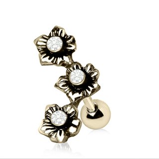 Piercing cartilage h�lix dor� vintage � fleurs avec strass