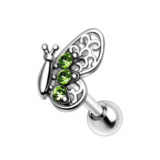 Piercing cartilage papillon dentelle � pierres vertes
