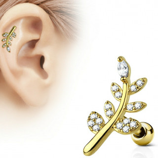 Piercing cartilage plaqu� or � feuille strass clairs