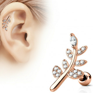 Piercing cartilage plaqu� or rose � feuille strass clairs