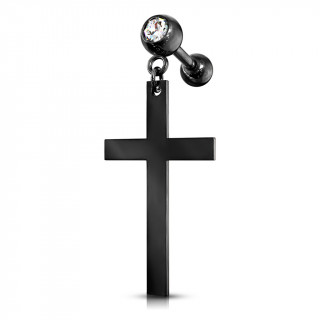 Piercing cartilage strass � pendentif croix latine - Noir