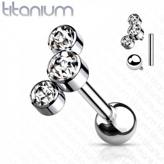 Piercing cartilage Titane G23 � trio de cristaux (filetage interne) - Clair