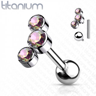 Piercing cartilage Titane G23 � trio de cristaux (filetage interne) - Vitrail Medium