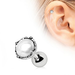 Piercing cartilage tragus h�lix argent� � perle blanche