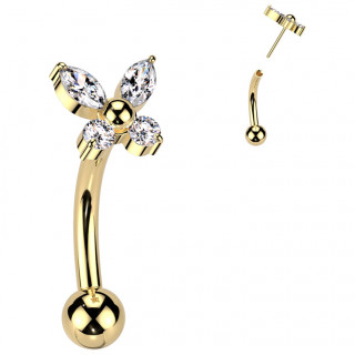 Piercing courb� � papillon de zirconiums en Titane dor� (fixation push-in)