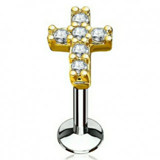 Piercing croix latine dor�e pav�e de strass (l�vre, cartilage)
