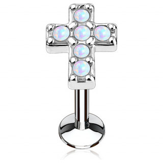 Piercing croix latine pav�e d'opales blanches (l�vre, cartilage)