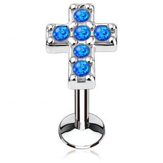 Piercing croix latine pav�e d'opales bleues (l�vre, cartilage)