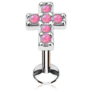 Piercing croix latine pav�e d'opales roses (l�vre, cartilage)
