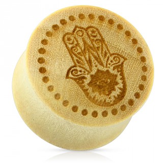 Piercing �carteur type plug en bois beige avec Hamsa / main Fatima