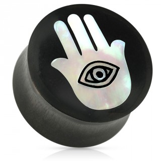 Piercing �carteur type plug en bois noir avec Hamsa / main Fatima en nacre