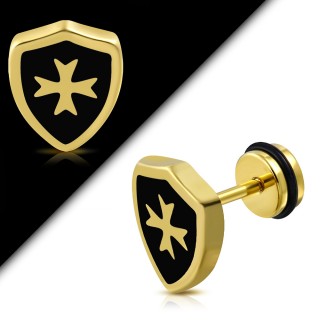 Piercing faux plug bouclier templier � croix de malte dor�e