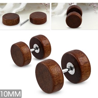 Piercing faux plug en acier et bois marron fonc� - 10mm