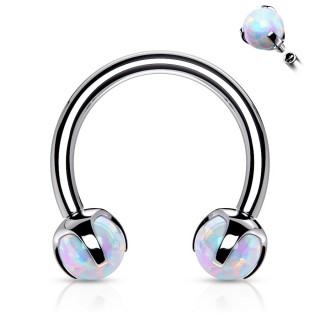 Piercing fer � cheval en acier � perles d'opale blanches (filetage interne)