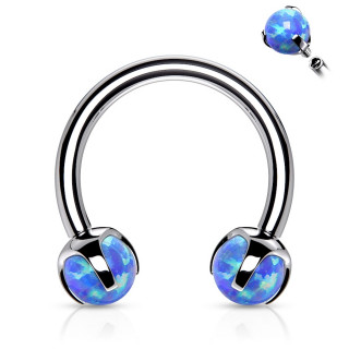 Piercing fer � cheval en acier � perles d'opale bleues (filetage interne)