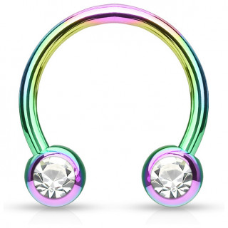 Piercing fer � cheval en acier arc-en-ciel serti deux strass blancs